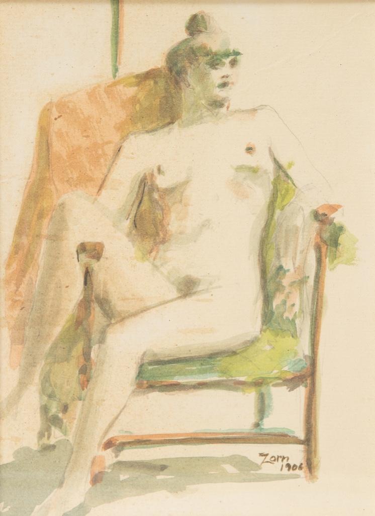 Anders Zorn Watercolor gouache of nude woman, signed: Anders Zorn Watercolor/gouache of nude woman, signed Zorn. Watercolor: 5.5" x 8". Frame: 13" x 15" Anders Leonard Zorn was one of Sweden's foremost artists. He obtained international success as a pain