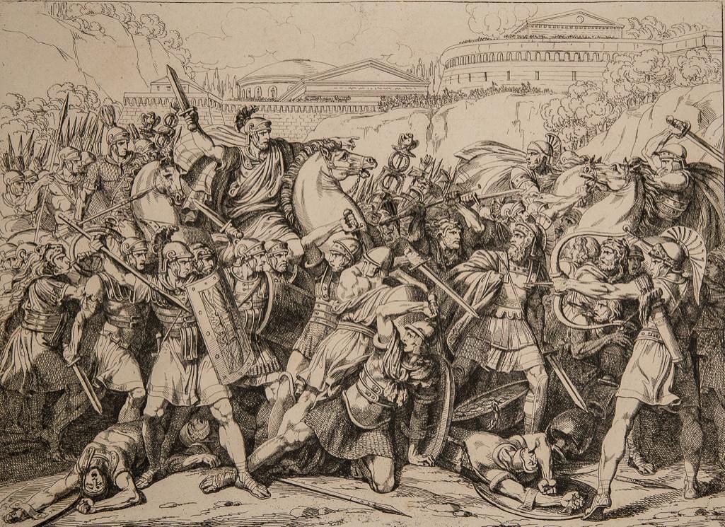 Bartolomeo Pinelli, Etching, Rome 1816: History of Rome Etchings on woven paper by Bartolomeo Pinelli 1816. Measures Approx 17" x 22". The bottom inscription reads as follows: "Furio Camillo libera Roma, dai Galli"(Furio Camillo frees Rome