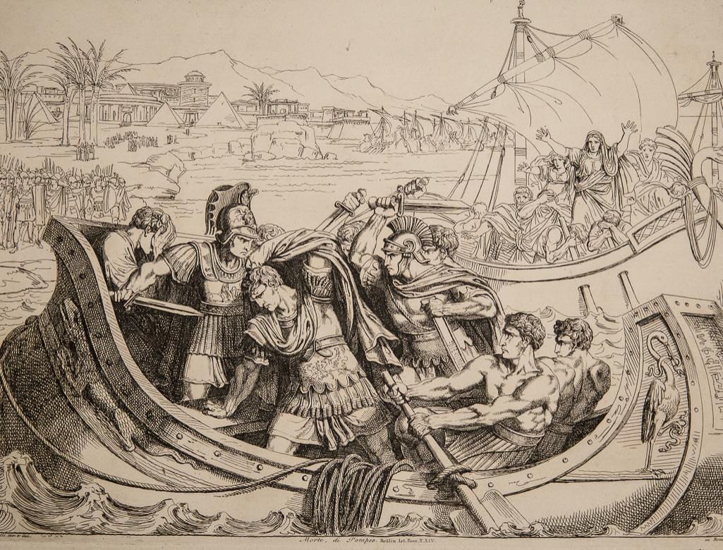 Bartolomeo Pinelli, Etching, Rome 1816: History of Rome Etchings on woven paper by Bartolomeo Pinelli 1816. Measures Approx 17" x 22". The bottom inscription reads as follows: "Morte di Pompeo" (The murder of Pompey). After Pompey was defea