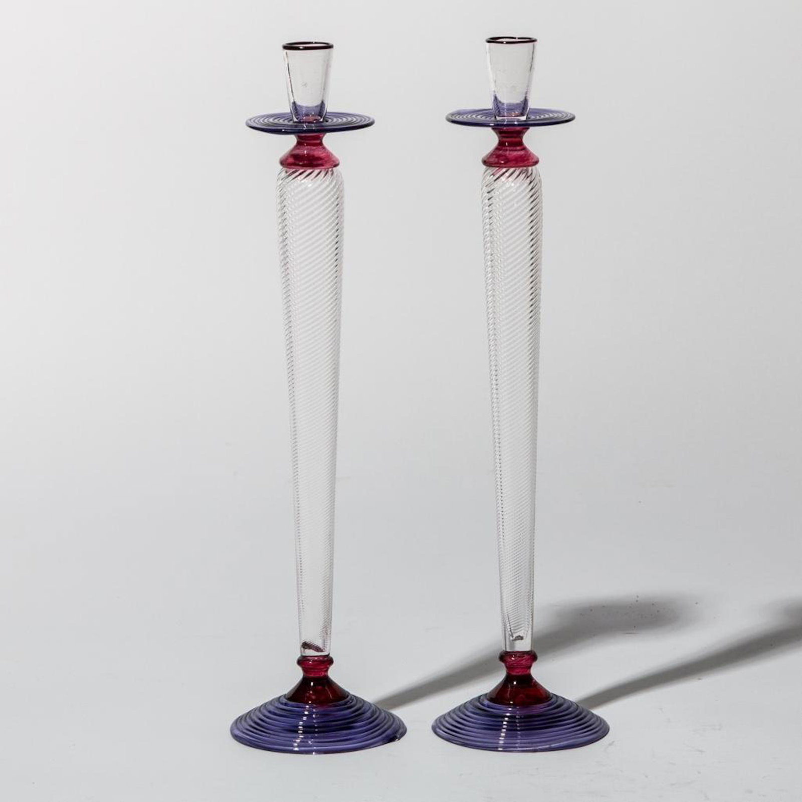 Mid Century Fine Blown Glass Tall Signed Candle Sticks: Murano or Venetian glass vintage mid century Hand Blown Glass Tall Candle Sticks. Signed Illeg. 16.25"H nice work good condition