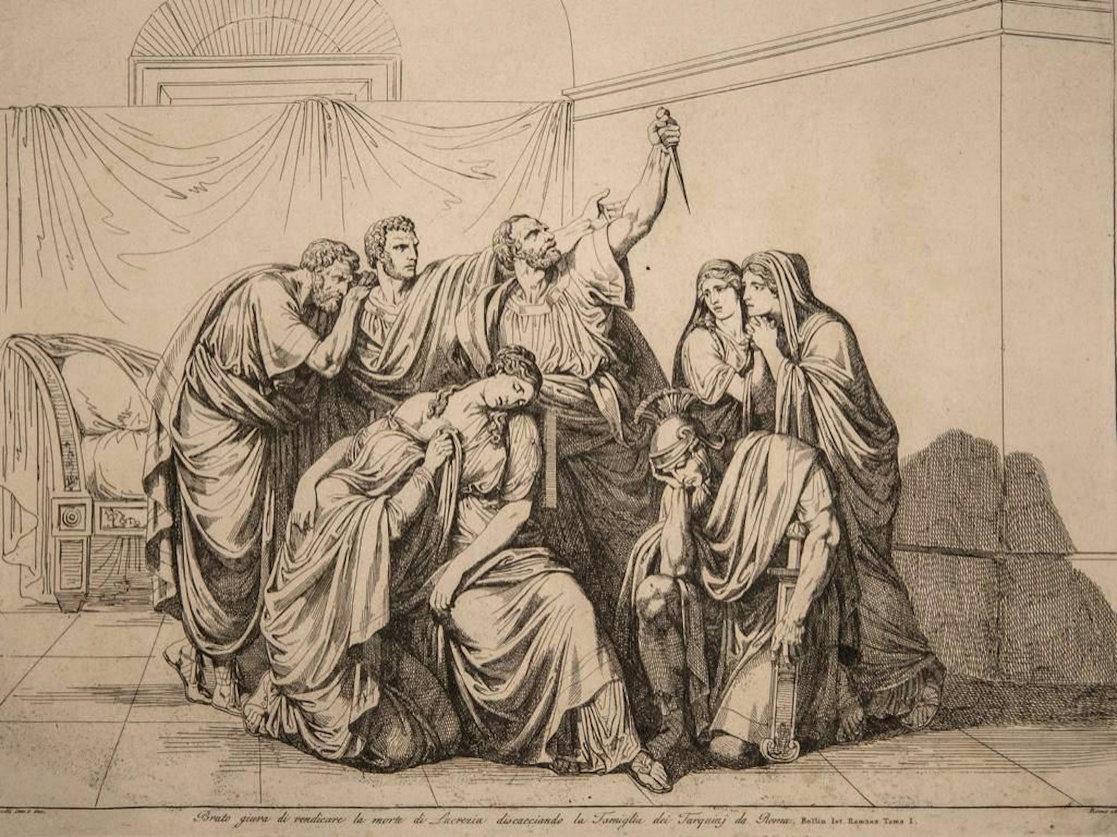 Bartolomeo Pinelli, Etching, Rome 1816: Bartolomeo Pinelli History of Rome Etching on woven paper 1816. Measures Approx 17" x 22". The bottom inscription reads as follows: Bruto giura di vendicare la morte di Lucrezia discacciando la Famigl