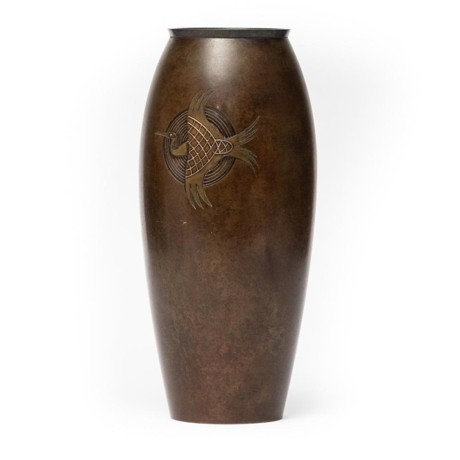 Japanese Meiji multi metal Bronze vase: Japanese Meiji multi metal inlaid Bronze vase inlaid with silver, signed and with poem inscribed 9.5" high approx overall good condition