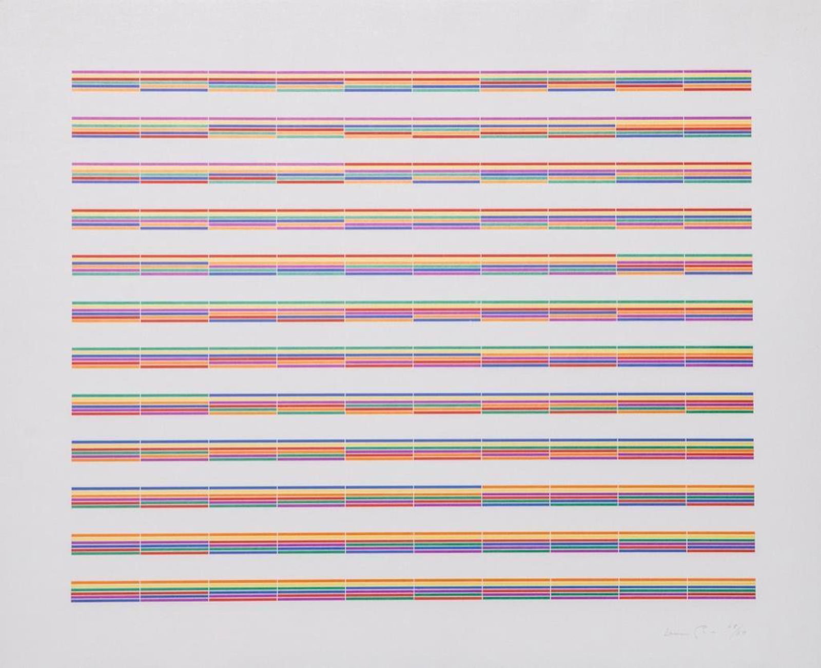 Laura Grisi Color Lithograph: Laura Grisi lithograph pencil signed and numbered 48/60. Measures 19 1/2 x 24 Born in Rhodes, Greece, Grisi mostly spent her time in Rome and New York. She studied art in Rome and at the Ecole des Bea