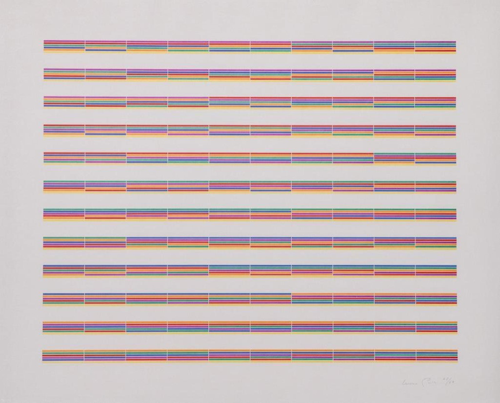 Laura Grisi Color Lithograph: Laura Grisi lithograph pencil signed and numbered 48/60. Measures 19 1/2 x 24 Born in Rhodes, Greece, Grisi mostly spent her time in Rome and New York. She studied art in Rome and at the Ecole des Bea