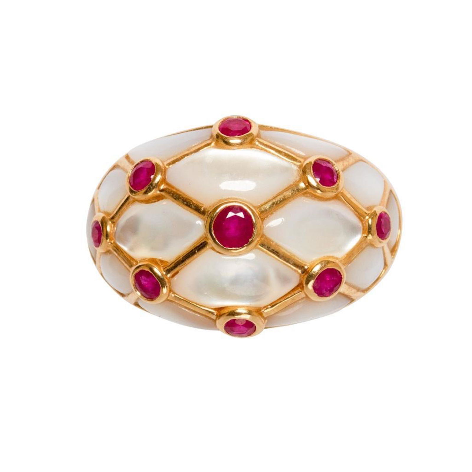 Ring, GIA 20th Century 14K Gold, Ruby and Mother of: 14K gold ruby and Mother of Pearl size7 ring circa 1990. Weighs 6.9dwt. This lot is accompanied by a GIA appraiser letter from an independent and well respected firm established over 75 years ago. .in