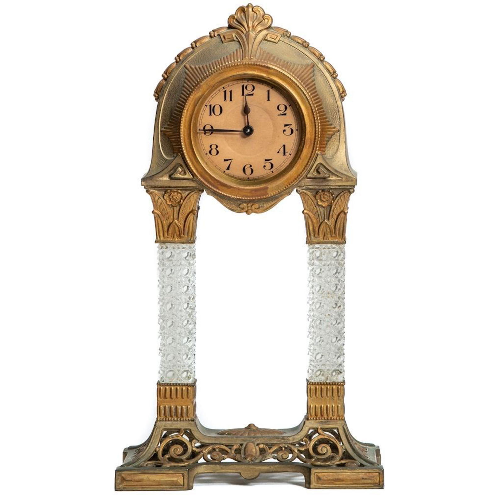Art Nouveau German Portico Clock: German Art Nouveau Vienna Secession style portico clock, 20th c., with gilt metal case, The clock supported by glass squared columns, dial marked "Germany", 16.5"h x 9"w x 4.5"d