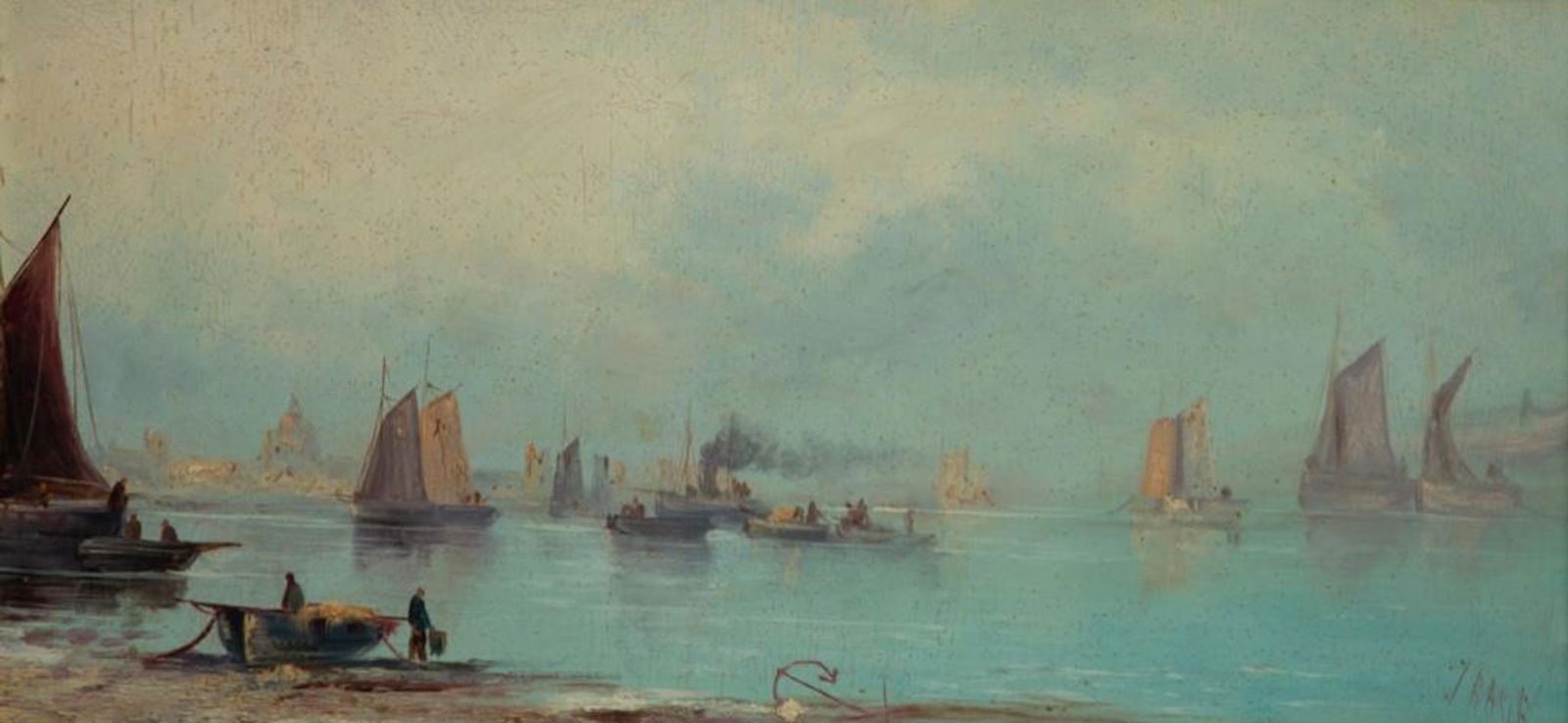 John Edward Bale Oil on Board Circa 1850: John Edward Bale Oil Painting on Board of Ships. Circa 1850. Painting Measures 23" x 11". Frame 31" x 18.5" Approx. John Edward Bale, was born at Low Farm House, Pattesley-cum-Oxwick, South Creake, No