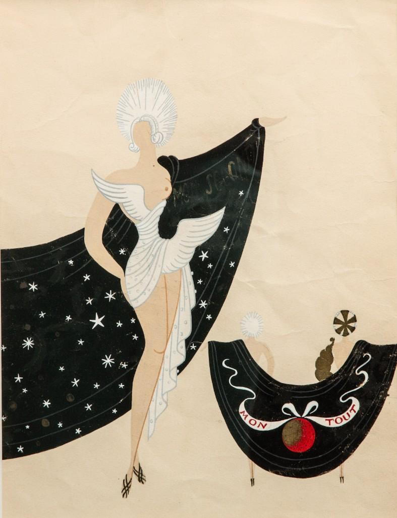 Erte original Watercolor Gouache on Paper: Erte original Gouache painting on Paper titled "La Charade", "Mon Remier" and "Mon Second". 14-3/4"h x 10-1/2"w in good condition overall