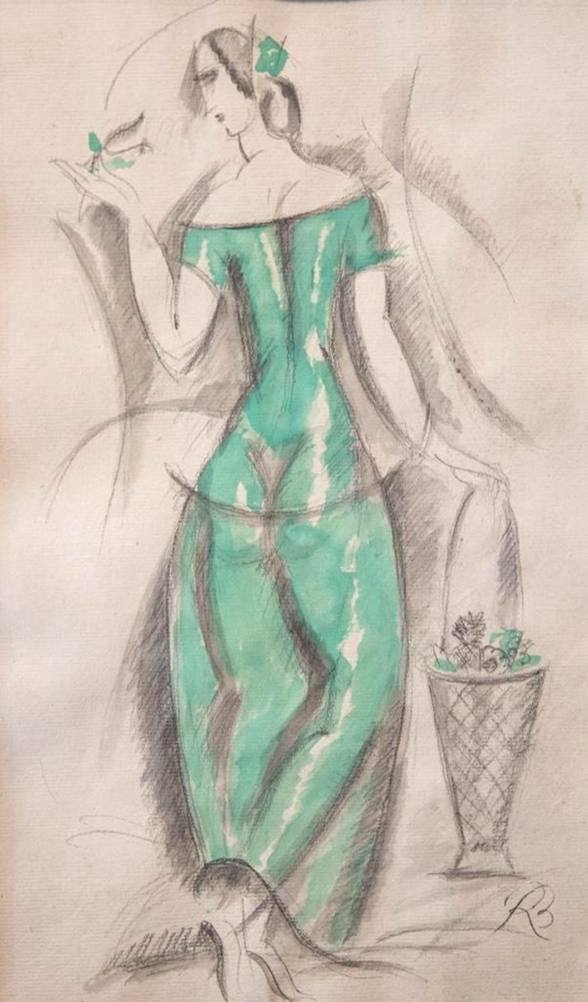 Rene Buthaud Mixed-Media Painting on Paper Signed and: Rene Buthaud art deco woman in green dress, signed and dated 1924 mixed media gouache painting on paper Provenance: The artist, collection Michel Fortin, Paris: Collection of Stephen Engel, Florida: L