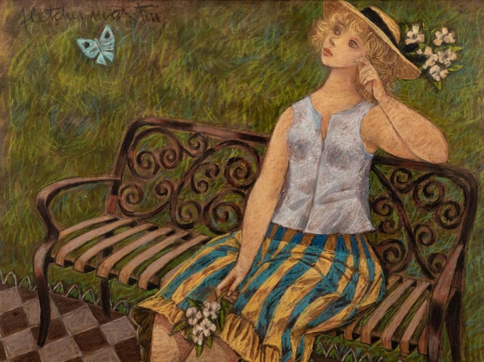 Fletcher Martin Signed Pastel and Gouache on Paper: Fletcher Martin (Colorado/California, 1904 â€“ 1979) Butterfly Watching at the Park Pastel and gouache on paper Signed on the upper left ,Provenance Private collection, New York and Shannonâ€�