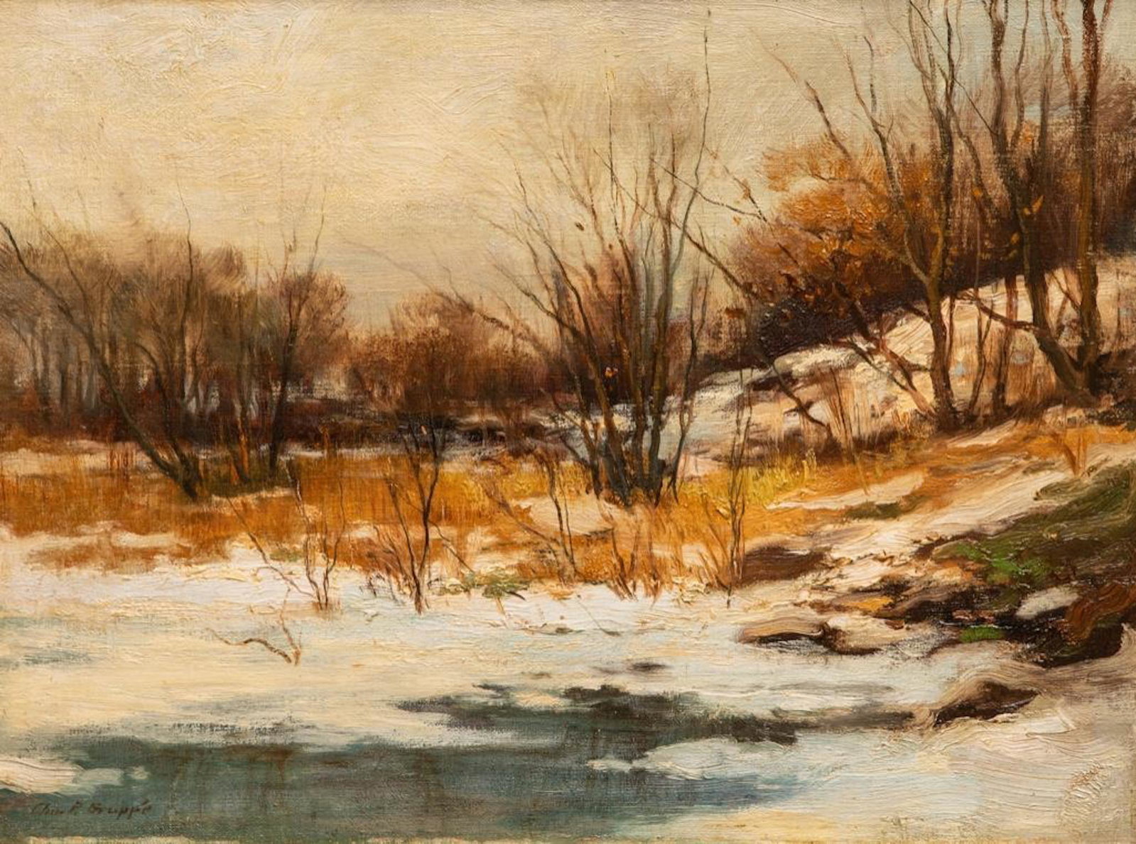 Charles Gruppe Signed Winter Impressionist Oil Painting: Charles Gruppe Antique American impressionist oil painting of a winter landscape by Charles Paul Gruppe (1860 - 1940). Oil on board, circa 1900. Housed in a great period giltwood arts and crafts frame
