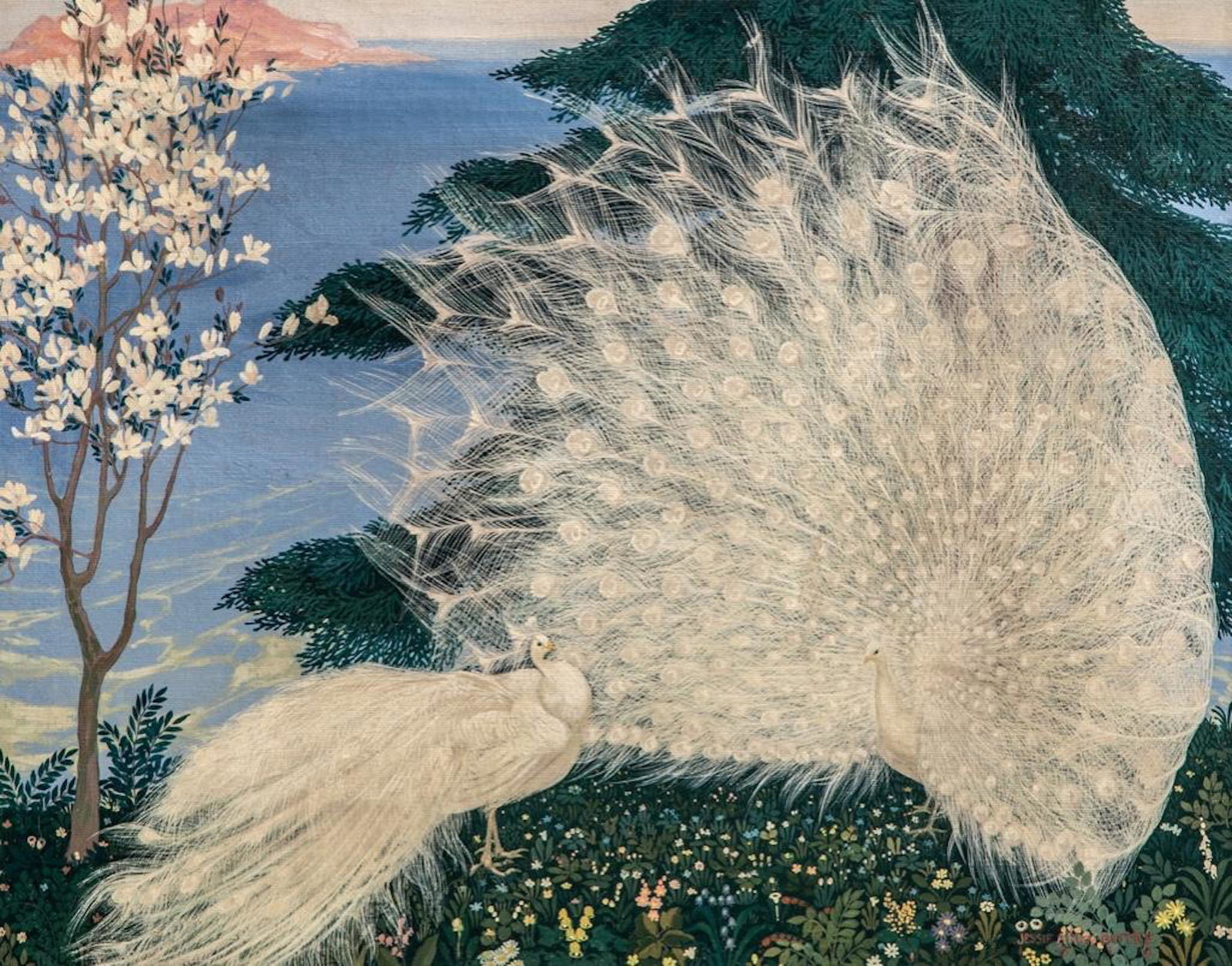 Jessie Hazel Arms Botke Oil on Canvas: Jessie Hazel Arms Botke (1883-1971), pair of white peacocks, oil on canvas. Signed LR .. 24" x 30 1/2". Botke was an Illinois and California painter noted for her bird images. She worked with and was
