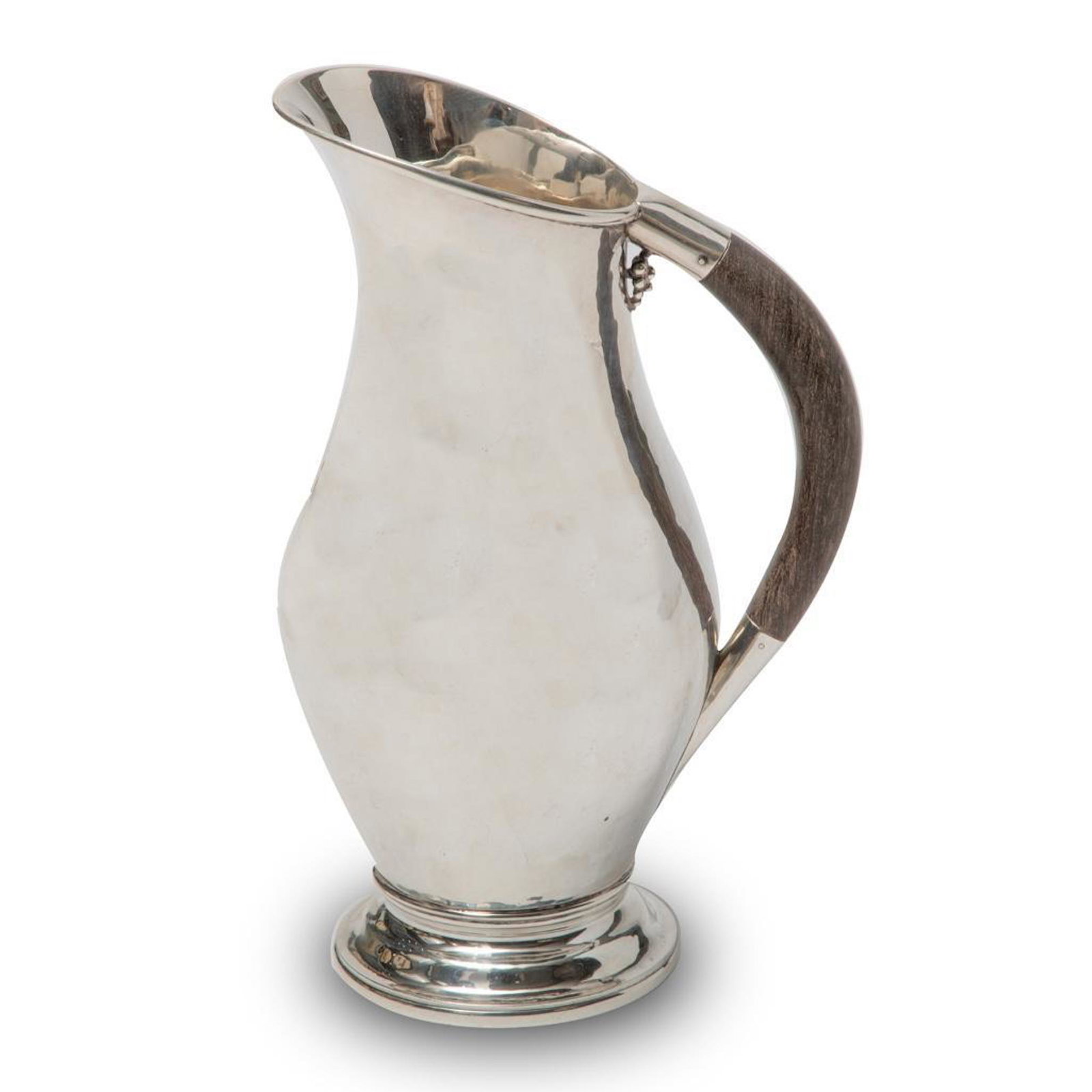 Georg Jensen Sterling Silver Pitcher with Ebony Handle: Georg Jensen designed by Johan Rohde Sterling Silver and Ebony Handle Pitcher. Marked on bottom. Reads as follows: To Margaret Coke McLaurin, March 11 1949, From Roberta Coke Camp, Sterling, Handmade,