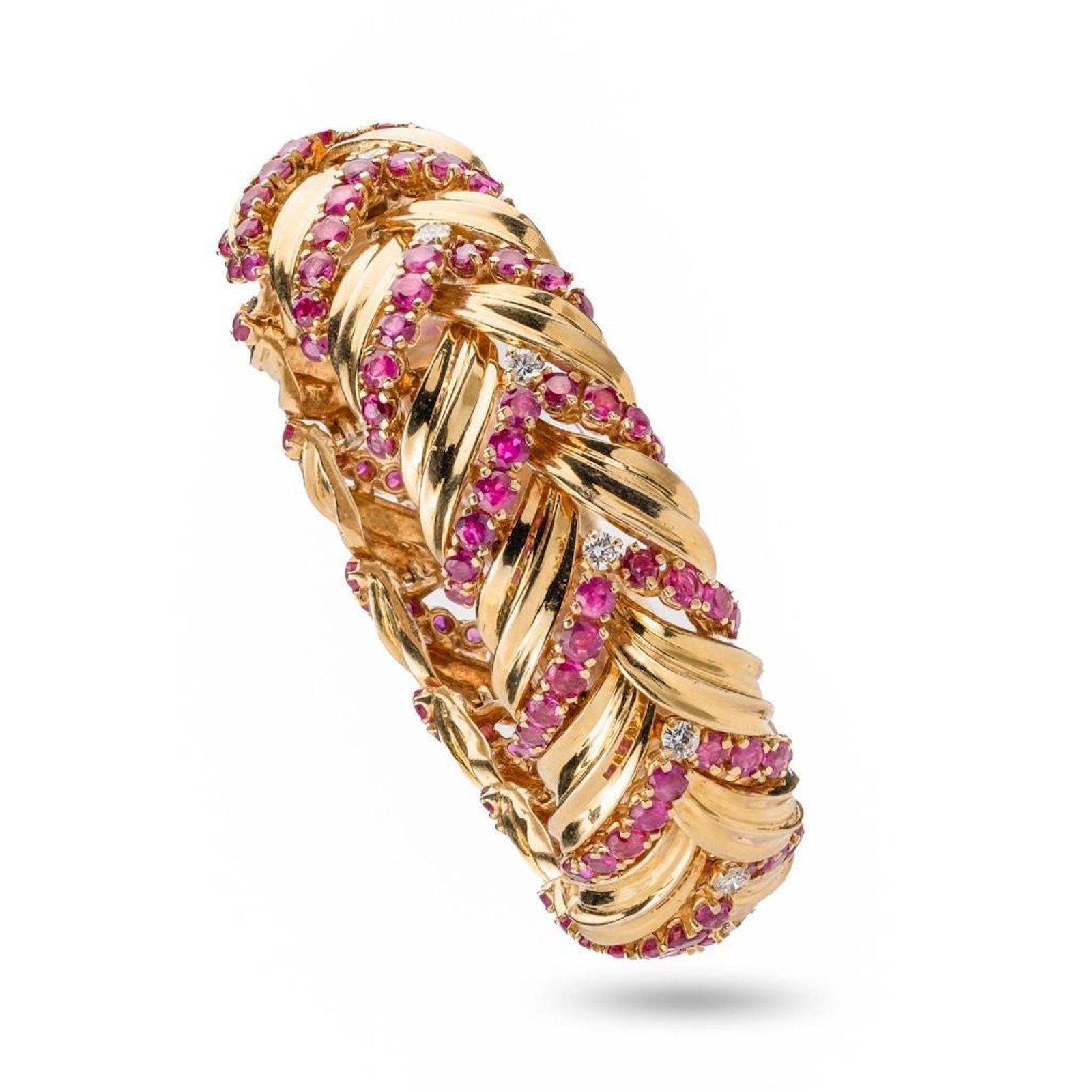 Tiffany & Co Vintage Ruby, Diamond and 18K Gold: Tiffany & Co Vintage Ruby, Diamond, and 18K Gold Bracelet. The bracelet is Authentic and signed Tiffany & Co and Marked 18K. 7 ½ ins; Gross weight 49.0 dwts. Excellent piece in great condition