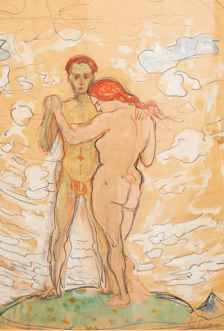 Early 20th Century Albert Schmidt original signed;: Albert Schmidt Adam and Eve Modernist watercolor and gouache on paper signed lower right. 12" x 17" Visible. 20" x 25" Framed. Modernist landscape and nude figure painting. The art has slipped out of