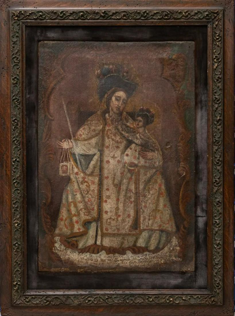 Early Cuzco school painting, Madonna and child: Cuzco school painting, oil on canvas 18th century Madonna and child Frame: 34 1/4" x 25.5",Relined and remounted Painting: 24 3/4" x 16 3/4". Bottom Border of the painting (left side)material is disin