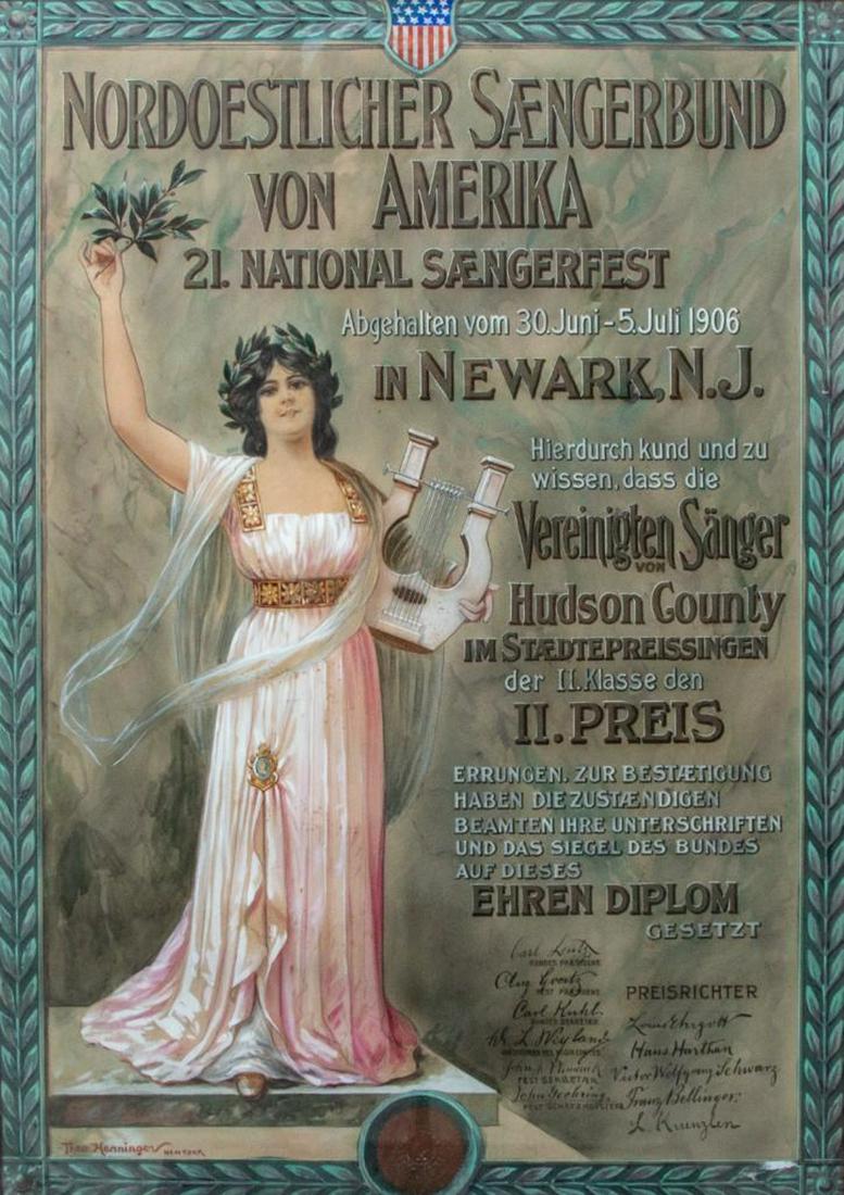 Theo Henninger Signed WATERCOLOR and INK 1906: Theo Henninger Signed 1906 original watercolor and ink painting, for a poster to advertise the "Sangerfest " in New Jersey Singing Festival 24"W x 34"H. 30.75"W x 40.75"H Framed. Incredible Detail and