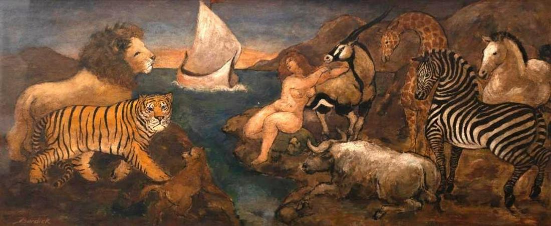 Charles Burdick Watercolor: Charles Burdick (American, 1924-2016) Female Nude with Animals. Watercolor, signed lower left 10" x 24" Frame: 16 1/4" x 30 1/4". Throughout his long award winning career he has exhibited in many gall