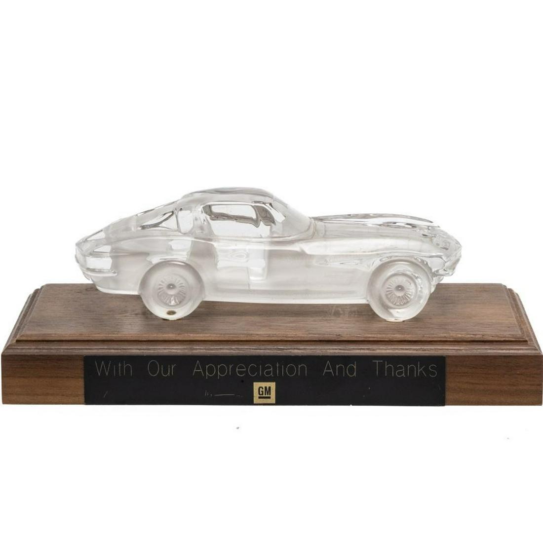 Vintage Corvette Art Glass: Vintage Art Glass Corvette on wood stand with plaque. Possibly Daum. Award from General Motors. bAse measures 9" x 4.75"