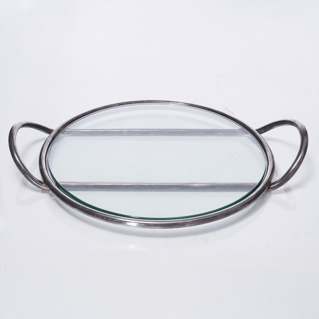 Lino Sabattini( Italian, 1925-2016) Silver Plated Pragma Cocktail Tray: Lino Sabattini (Italian, 1925-2016). Modernist silver plated brass Pragma tray with two handles. 1/2" thick removable glass insert rests in asilverplated frame. Marked Pragma, Sabattini, Italy to fram