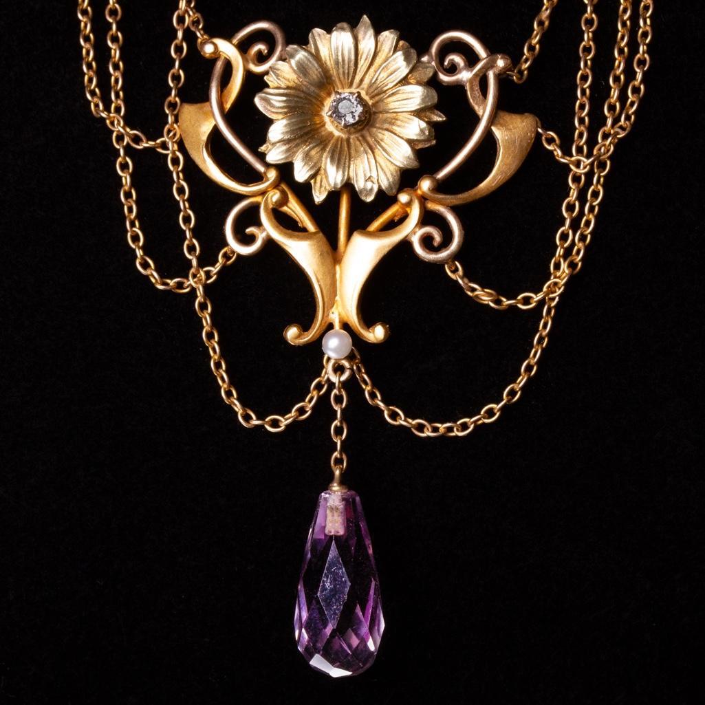 Necklace, Art Nouveau 14K Amethyst and freshwater Pearl Necklace, Circa 1900 (1 of 9)