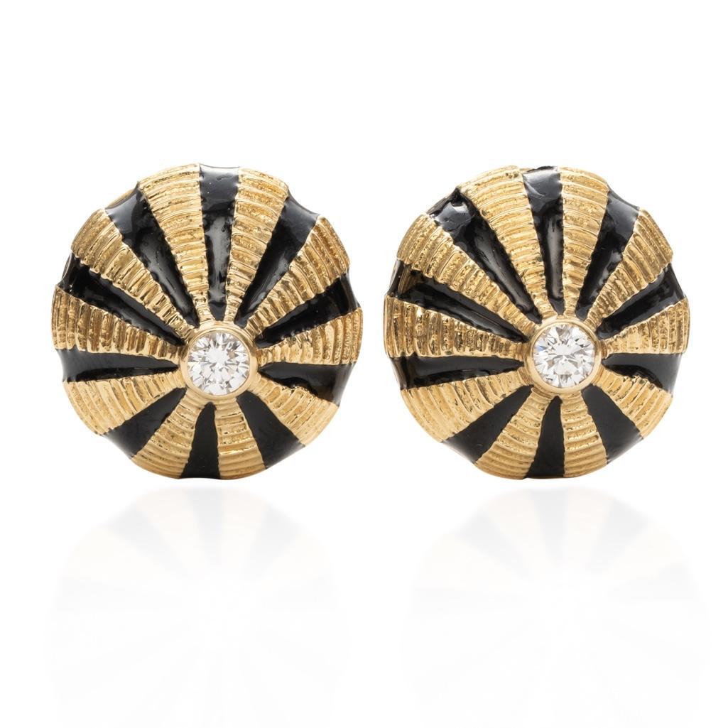 Tiffany and Co. Schlumberger , Gold and Enamel Taj Mahal Stud Earrings: Tiffany and Co "Taj Mahal" half-domed stud earrings, designed in a slightly off-round shape in fluted 18k yellow gold with black enamel triangular-shaped stripes, centering a round diamond, signed Sch