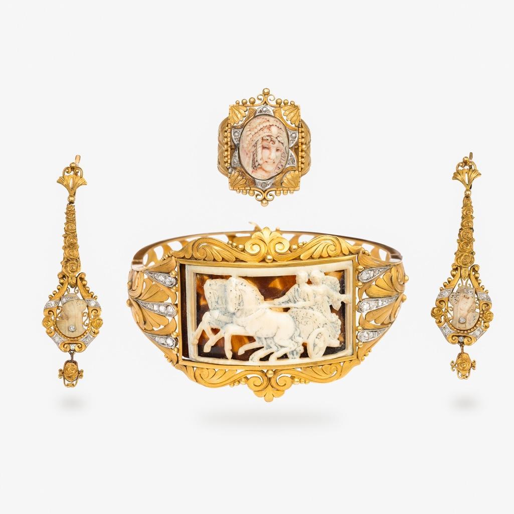 18K Gold Diamond carved neoclassical cameo bracelet ring and earrings set. (1 of 14)
