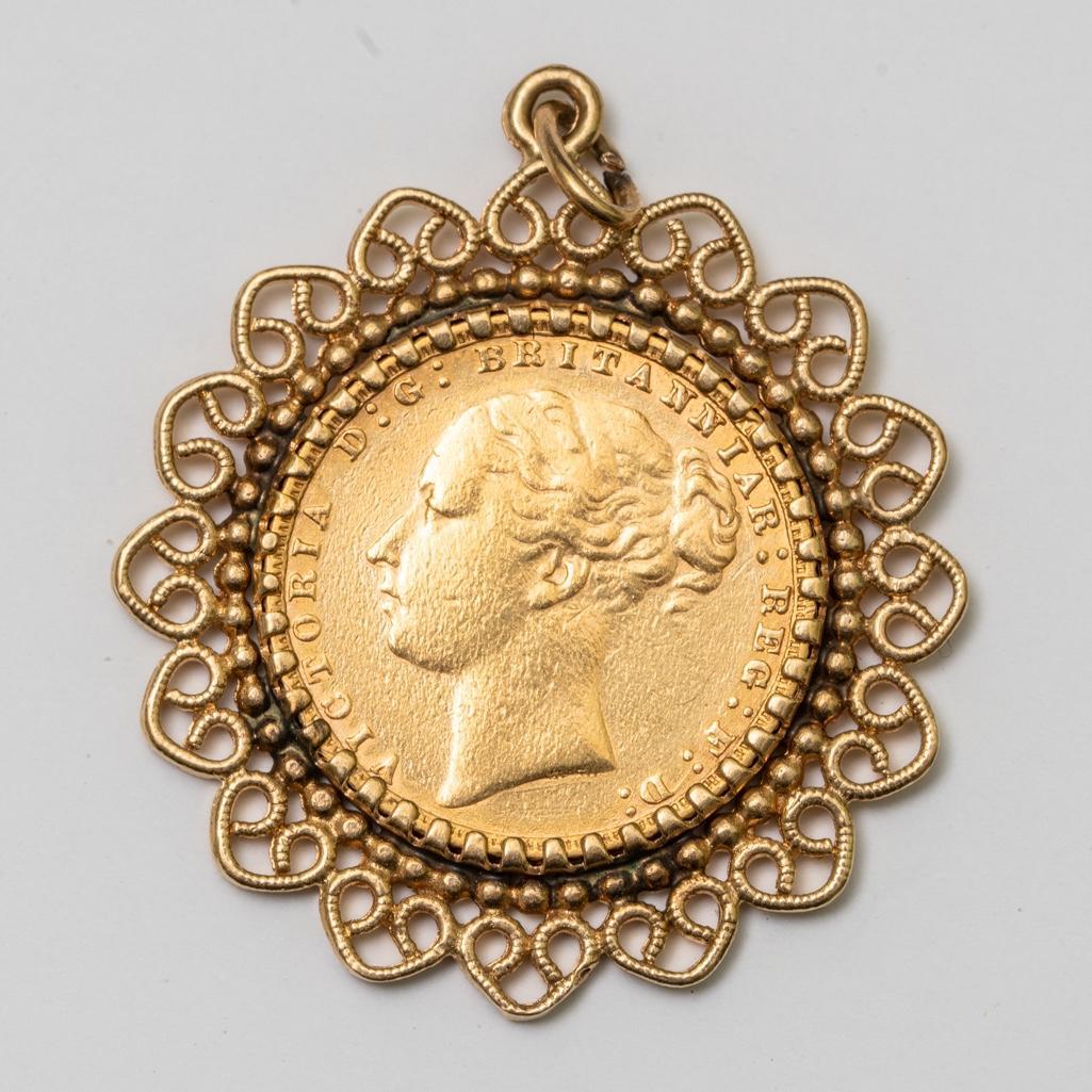 14K English Victorian gold Sovereign coin pendent (1 of 4)