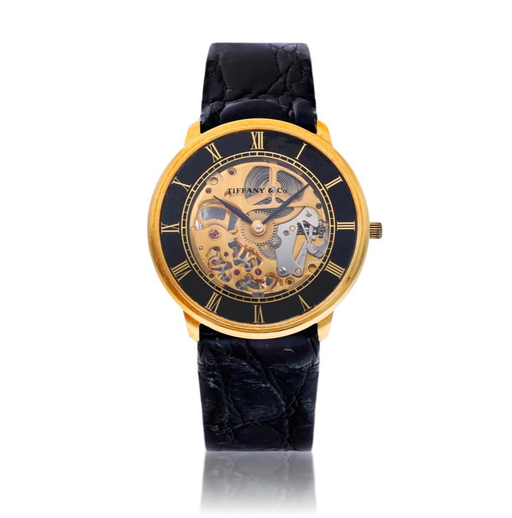Tiffany and Co gold and enamel skeletonized wristwatch, 18k gold (1 of 6)