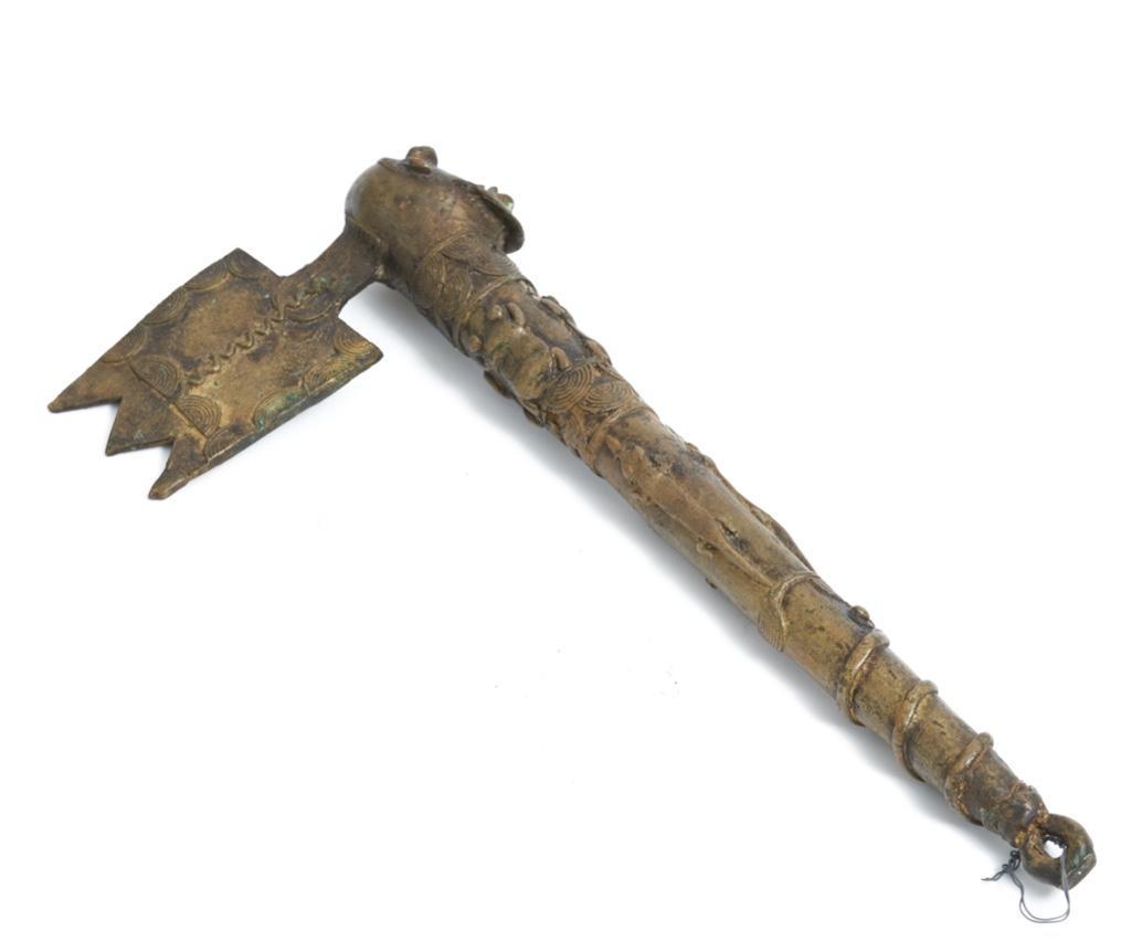 African Benin Bronze Ceremonial Axe: African Benin bronze ceremonial axe. Dimensions: 18" long x 8" wide x 2 3/4" deep. Condition: Very good.