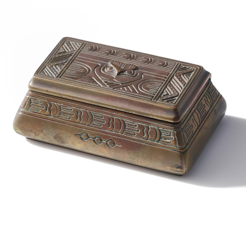 Tiffany Studios, New York, Bronze Stamp Box in American Indian Pattern: Tiffany Studios, New York, early 20th century bronze desk accessory, stamp box in the American Indian pattern. Marked Tiffany Studios, New York, 1184 to the base. Dimensions: 2" high x 5" wide x 3" de