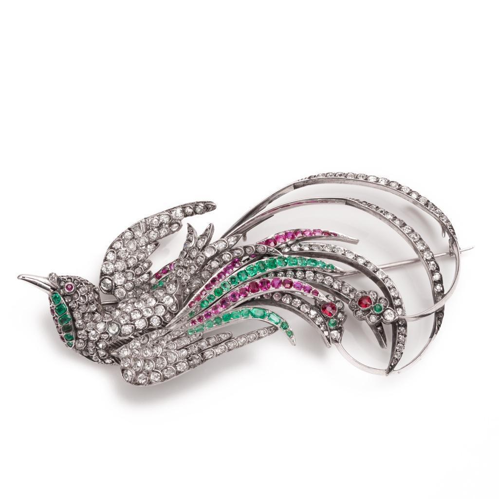 Antique exceptional Diamond and Gem-set Bird Brooch: Diamond and Gem-set Bird Brooch,fantastic piece set with old mine- and rose-cut diamonds, with rubies and emeralds, large. Measures 3 3/4"L