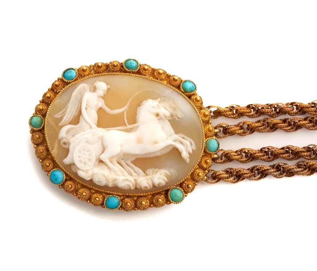 Exceptional circa 1830 18k gold carved cameo bracelet classic mythological scene: Antique Gold and Shell Cameo Bracelet.Circa 1830. Measures 7.75"L, weighs 15 grams. Pendant measures 1.75" x 1.25"