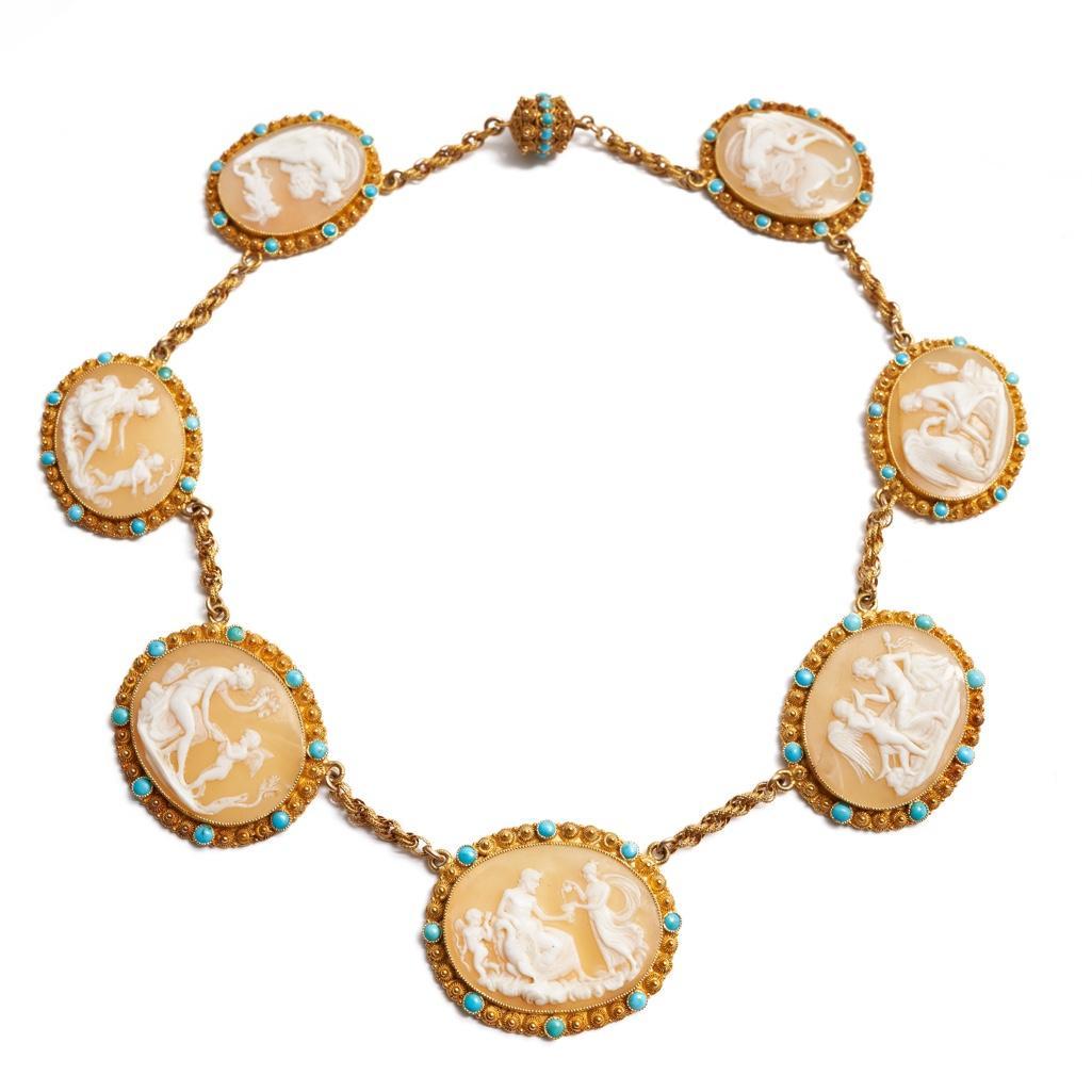 Exceptional circa 1830 18k gold carved cameo necklace with classic mythological scene (1 of 4)