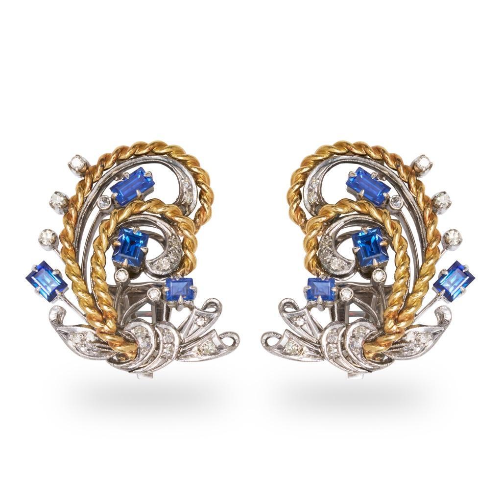 A PAIR OF PLATINUM, 18K GOLD, SAPPHIRE AND DIAMOND EARCLIPS (1 of 6)