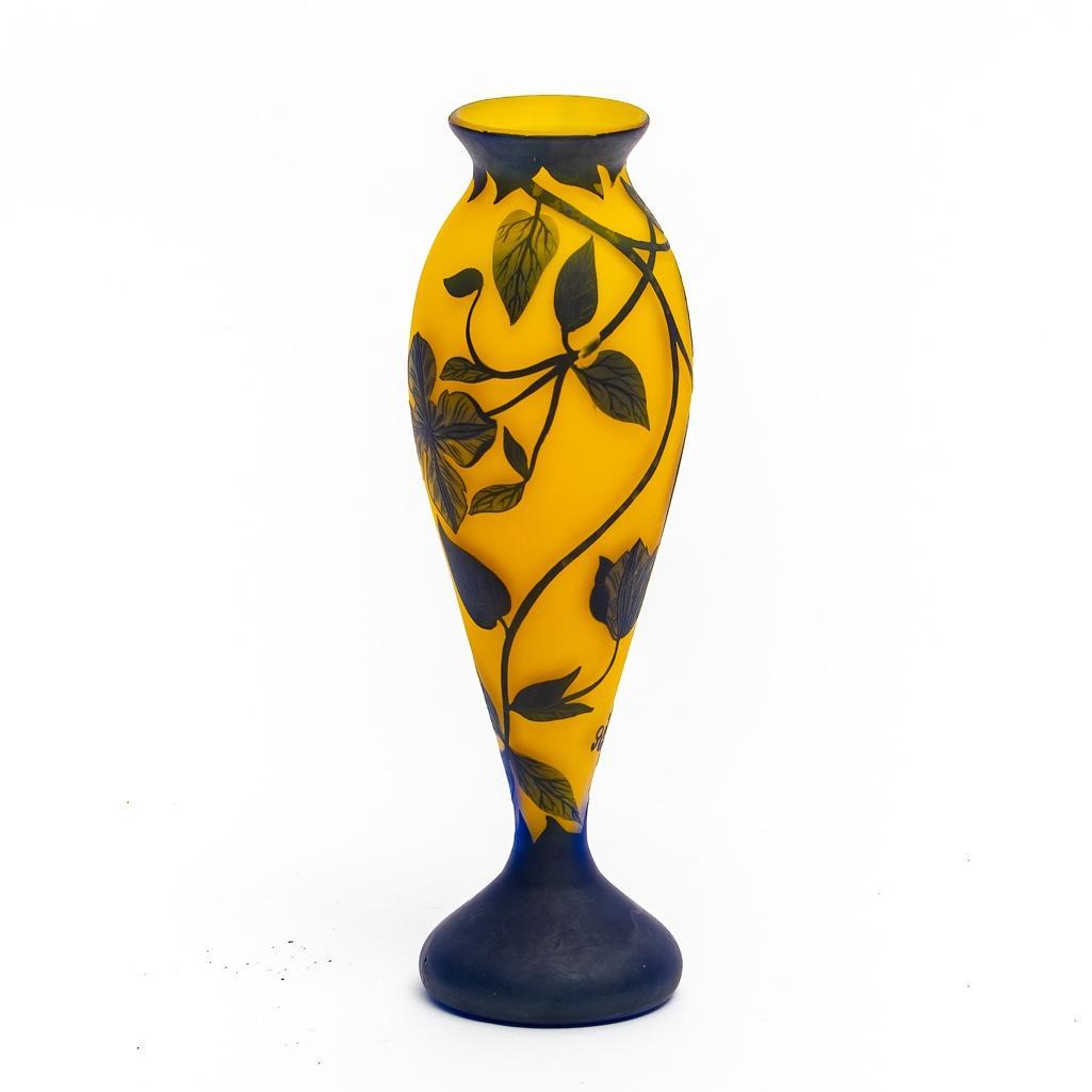 Loetz Floral & Foliate Cameo Glass Vase, Signed.: Early 20th Century Loetz cameo glass vase, blue on yellow ground. Signed 'Richard' near the base. Loetz produced cameo glass under the name 'Richard' in the 1920â€™s to satisfy demand for cameo g