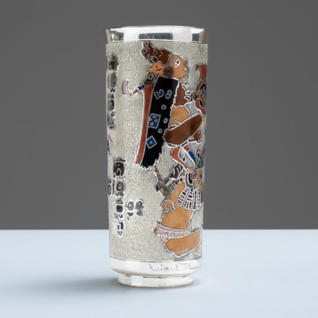 Signed Miguel Pineda 20th Century Enameled Silverplate Aztec/Mayan Vase (1 of 8)