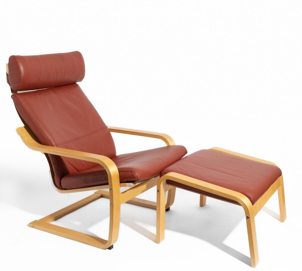 IKEA Bentwood Red Leather Lounge Chair & Ottoman (1 of 6)