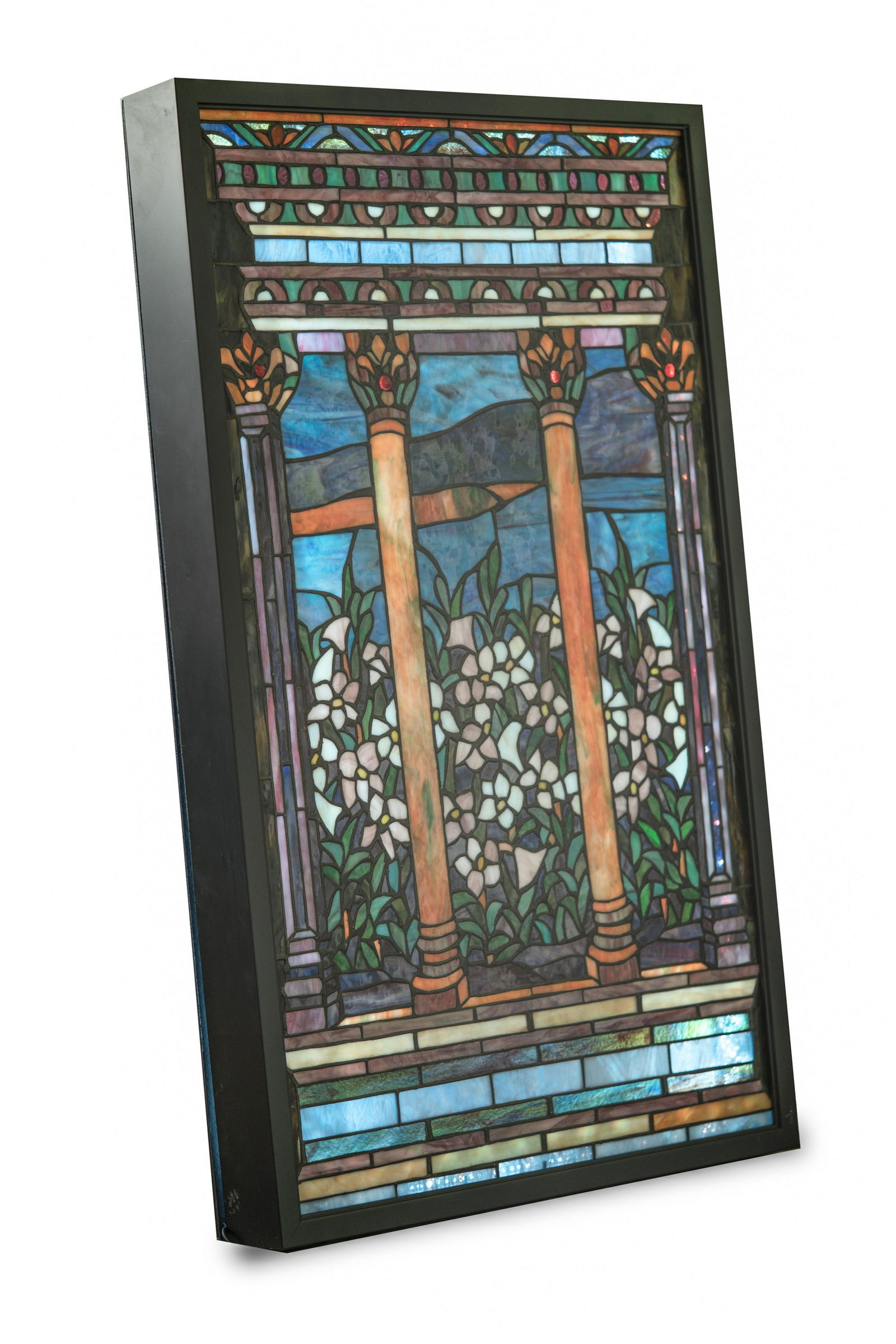 Large 20th Century Stained Glass Panel in Tiffany-style mounted in illuminated Shadow Box (1 of 9)