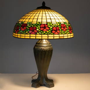 Signed Handel Cherry Blossom Leaded Glass Shade on Bronze Table Lamp Base: Signed Handel Cherry Blossom Leaded Glass Shade on Bronze Table Lamp Base Signed Handel Lamp Company. First quarter 20th century. Leaded stained glass 'Cherry Blossom' shade, on a Handel arts and