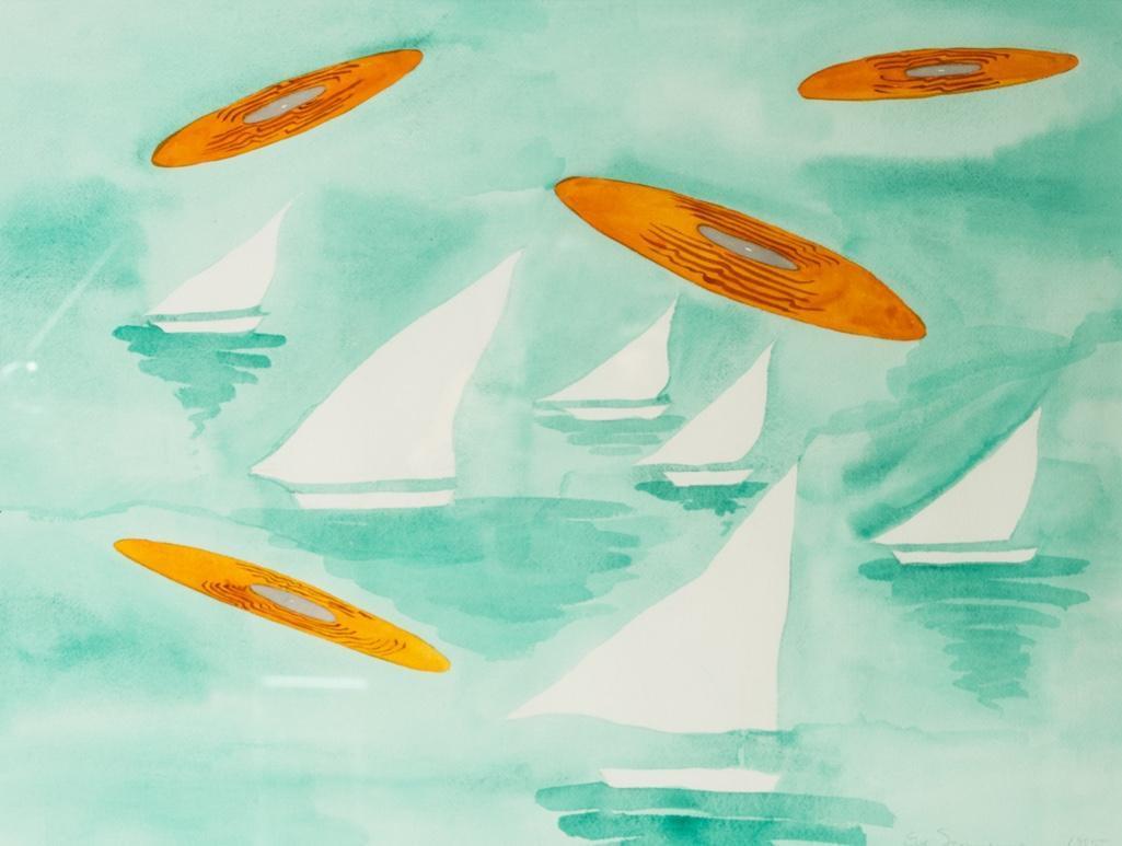 Signed Eve Sonneman, 'Sailboats & UFO's'. Contemporary Watercolor on Paper, circa 1985: Signed Eve Sonneman, 'Sailboats & UFO's'. Contemporary Watercolor on Paper, circa 1985Eve Sonneman (American, born 1946). 'Sailboats & UFO's'. Watercolor painting, signed and dated 1985 in pencil, low