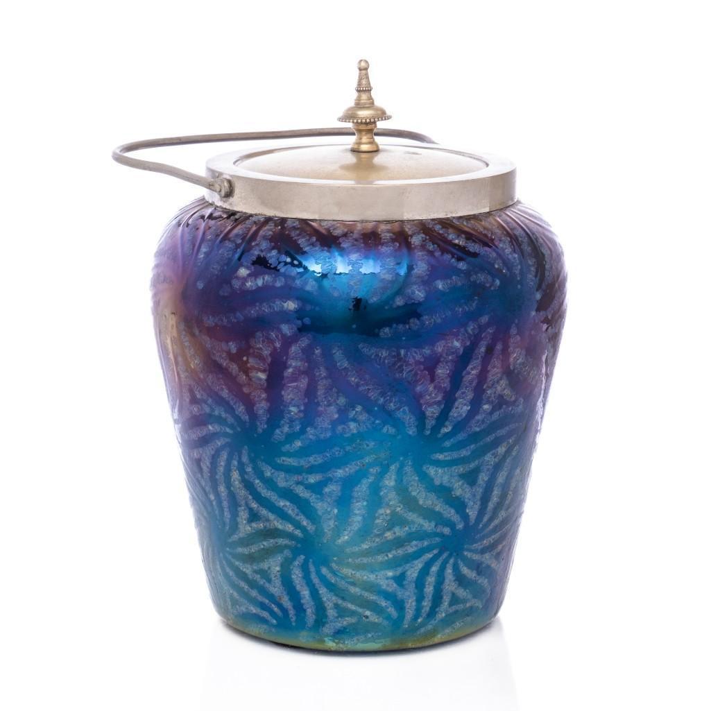 Art Nouveau Loetz Iridescent Glass Biscuit Jar, circa 1910: Art Nouveau Loetz-Style Iridescent Glass Biscuit Jar, circa 1910Loetz art nouveau period iridescent art glass covered biscuit jar with epns collar and cover, circa 1910. Unmarked.Please copy and paste