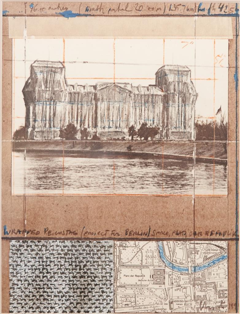 Signed Christo, 'Wrapped Reichstag Project for Berlin'. Mixed Media Collage, circa 1994 (1 of 8)