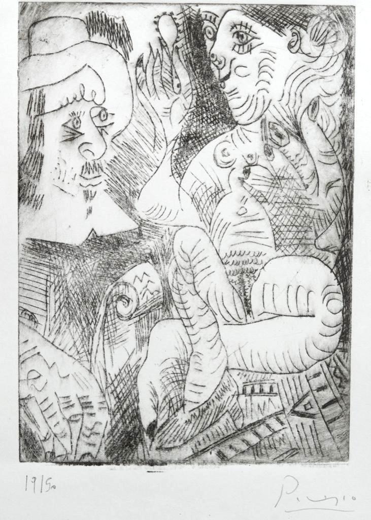 Signed Pablo Picasso, 'Femme a sa Toilette et Homme au Chapeau Rembranesque'. Editioned Etching (1 of 12)