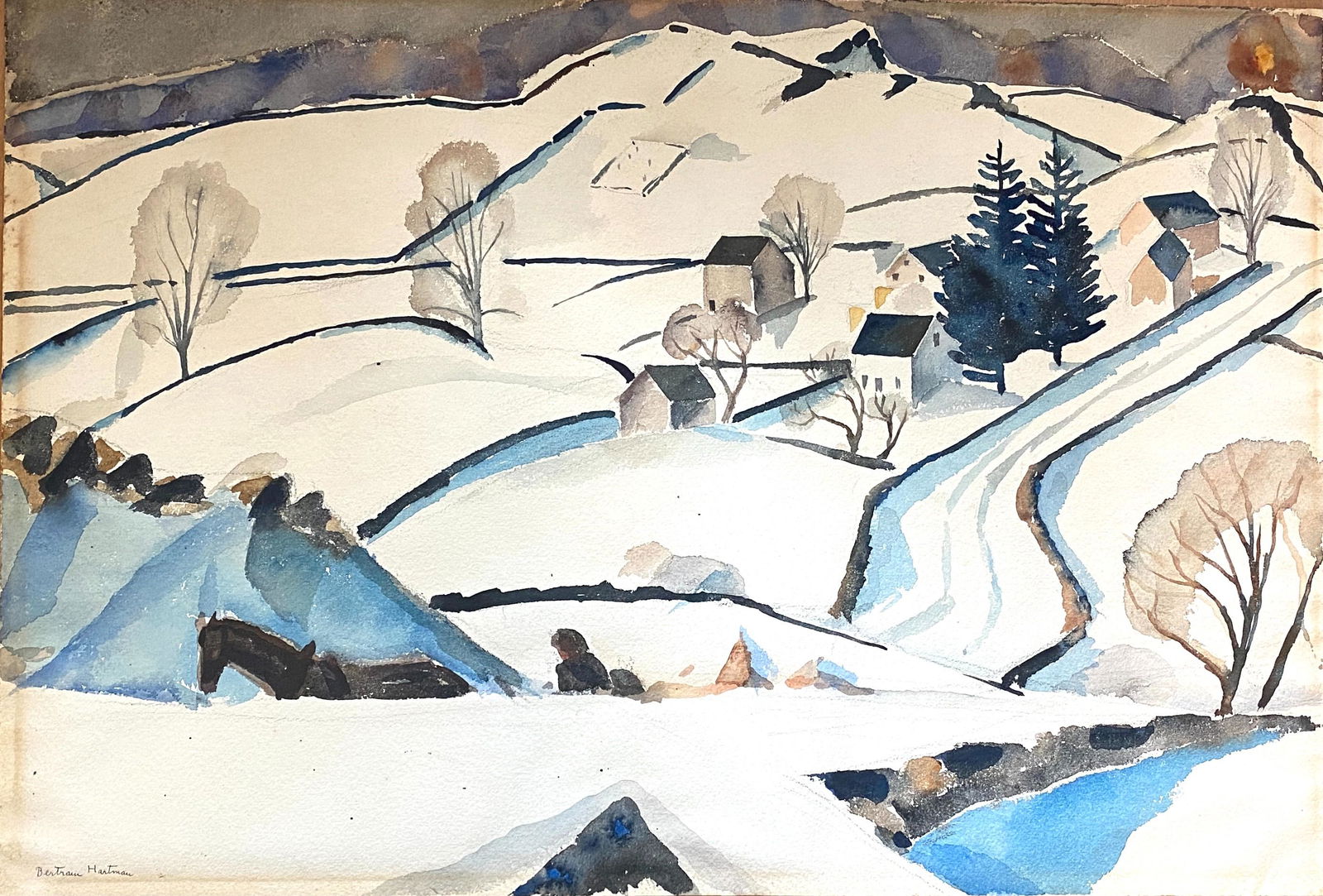 Signed Bertram Hartman, 'Village Scene - Hill Road.' Watercolor & Pencil on Paper (1 of 7)