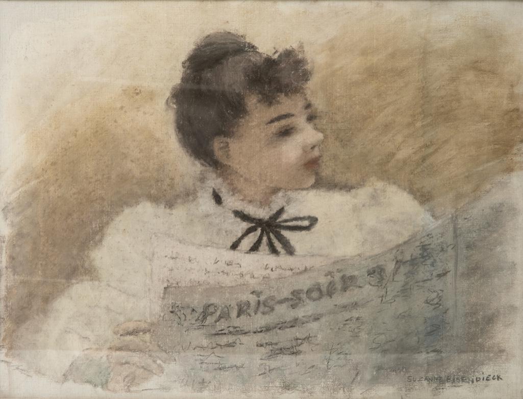 Signed Suzanne Eisendieck, 'Parisian Woman Reading a Newspaper'. Oil on Canvas: Signed Suzanne Eisendieck, 'Parisian Woman Reading a Newspaper'. Oil on CanvasSigned Suzanne Eisendieck (German, 1906-1998). 'Parisian Woman Reading a Newspaper'. Oil painting on canvas, signed lower
