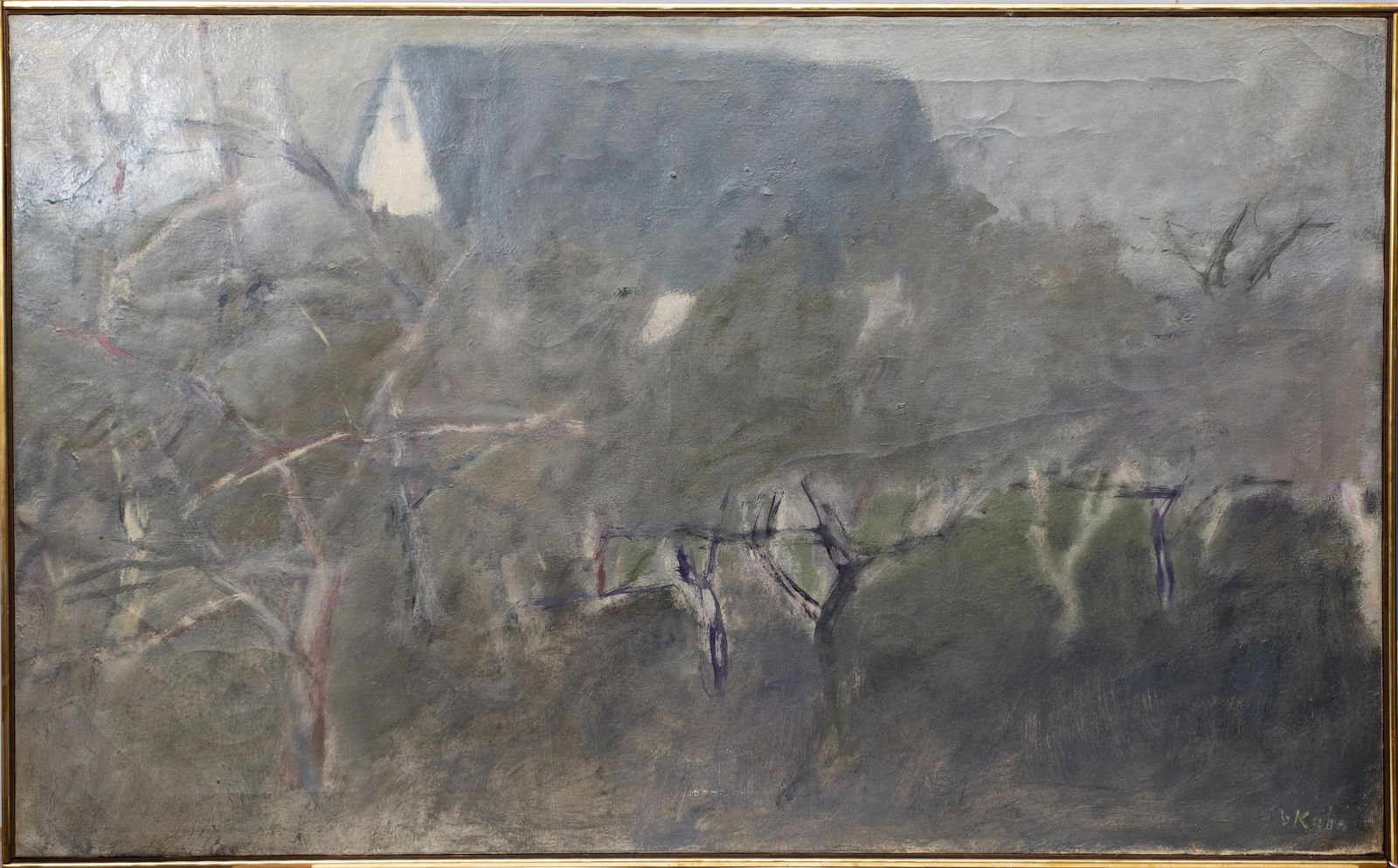 Signed Wolf Kahn, 'Young Apple Trees & Barn'. Oil on Canvas, circa 1969, Gallery Label: Signed Wolf Kahn, 'Young Apple Trees & Barn'. Oil on Canvas, circa 1969, Gallery LabelWolf Kahn (American,1927-2020) authentic 'Young Apple Trees & Barn', circa 1969. Oil painting on canvas, signed lo