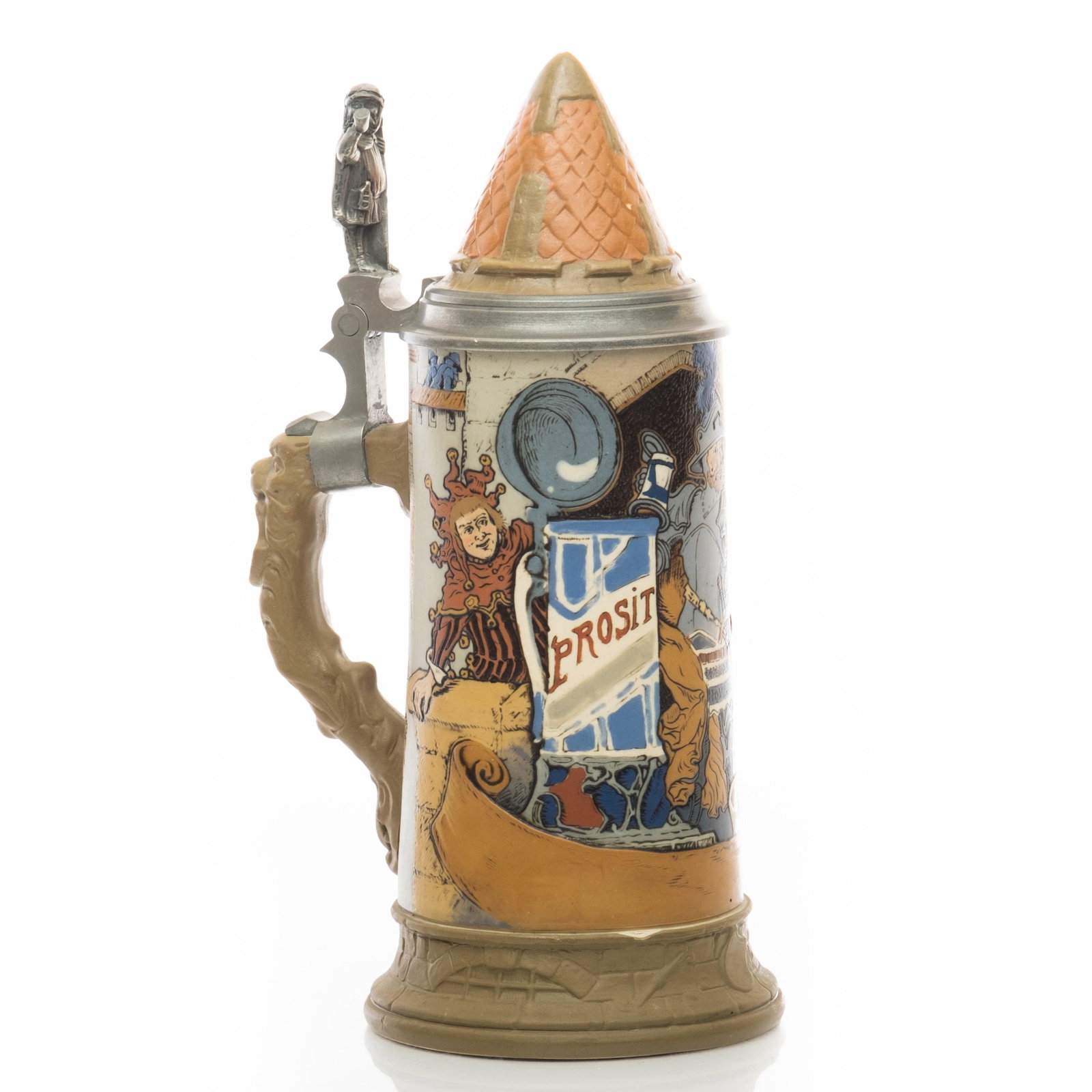 Signed H. Schlitt Rare Mettlach "Kannenburg" #2580 .5 L Stein: Mettlach Signed H. Schlitt Rare "Kannenburg" #2580 1/2 L Stein Signed Rare Mettlach beer stein beer mug. "Kannenburg" Model number 2580 1/2 liter by Heinrich Schlitt. Figural inlai