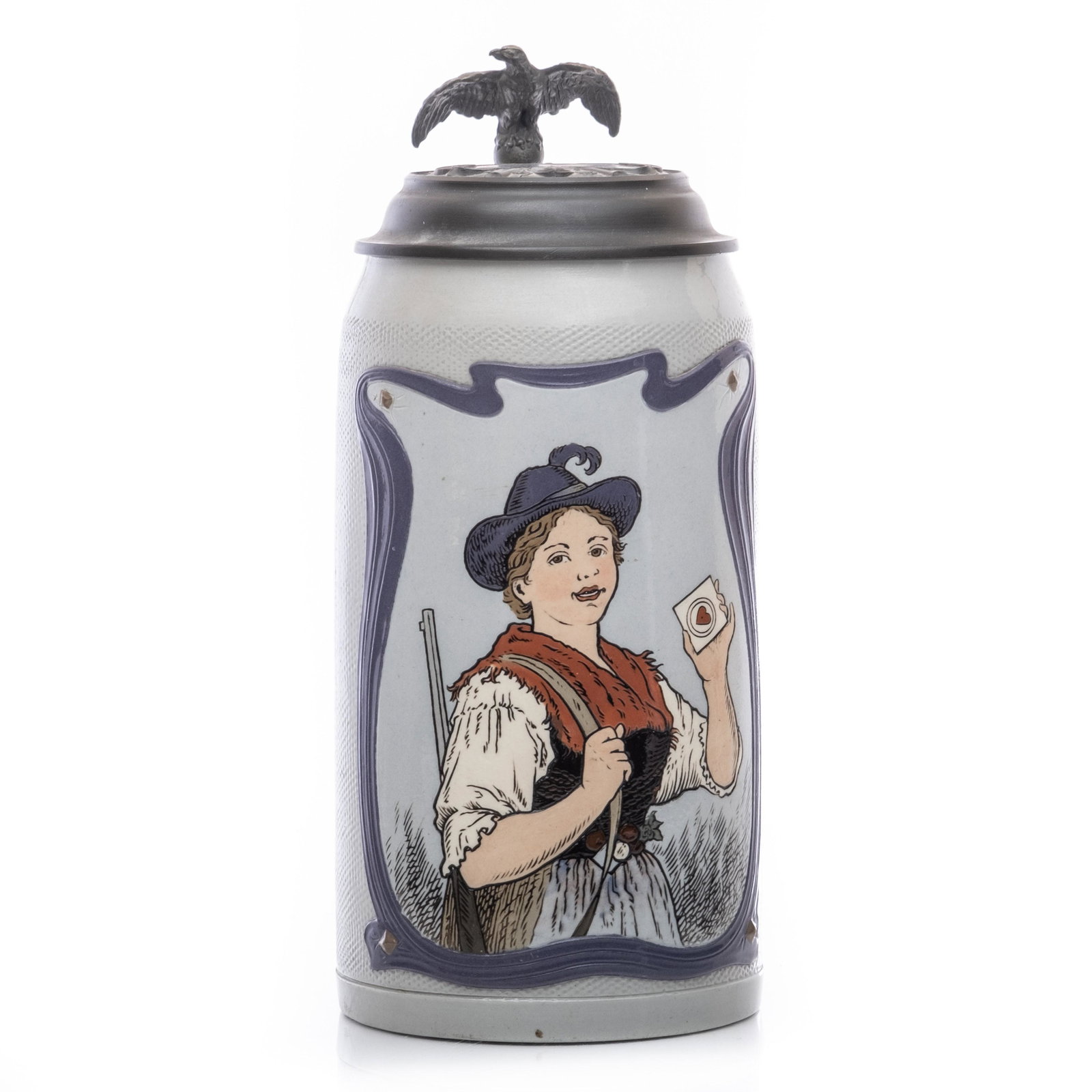 Mettlach Woman with Rifle, Mettlach No. 2823, 1 liter Beer Stein: Mettlach Woman with Rifle, Mettlach Tapestry No. 2823, 1 liter Beer Stein, 1903Text: â€œA Scheibâ€™n und a Herz isâ€™ was bâ€™sunders im Lebâ€™n. Oft moanst du hastâ€™s tr