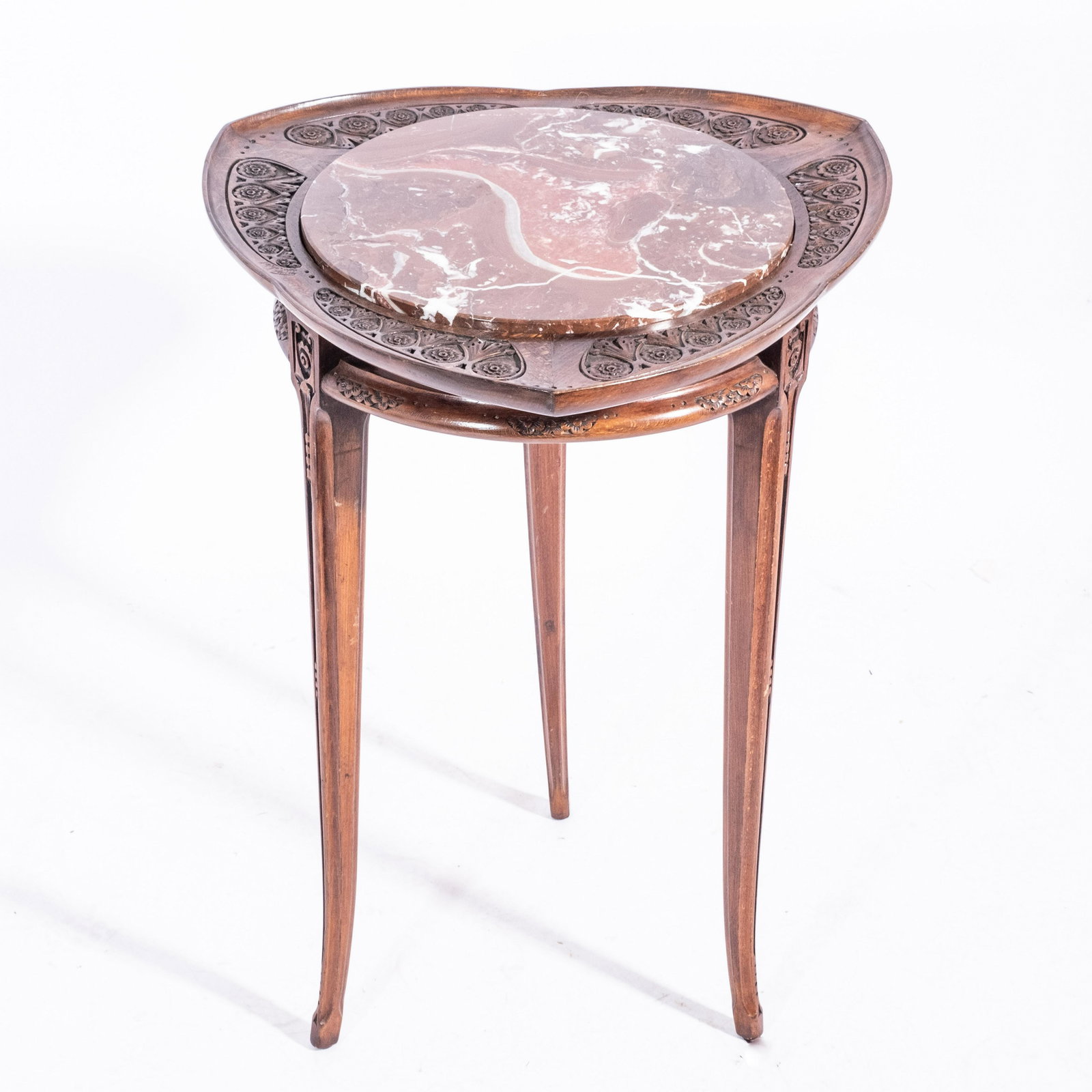 Majorelle Museum Quality Beautifully Carved Gueridon, Signed: Rare Signed Majorelle Gueridon Small Carved Wood & Marble Top TableThis rare signed Majorelle gueridon side table is a museum-quality piece, expertly crafted with intricate carved floral motifs and a